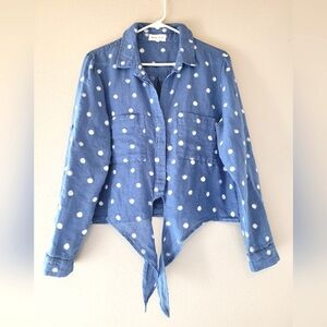 Bella Dahl blue linen polka dot button up long sleeve blouse size Large